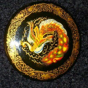 Vintage Russian Hand Painted Brooch, Pin. Black Lacquer Paper Mache' Signed.